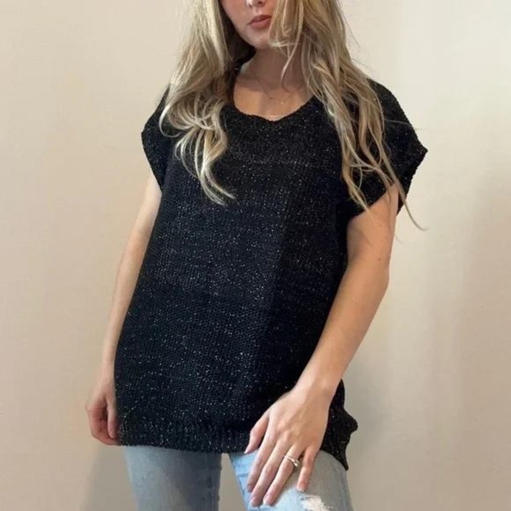 Tommy Bahama Black Metallic‎ Shimmer Knit Sweater Top Medium Short Sleeve Cotton